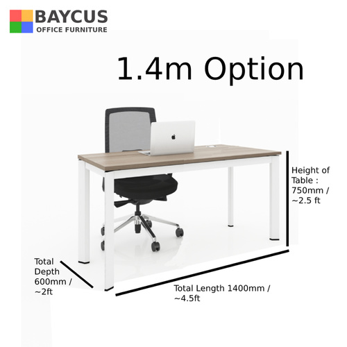 B-One 1.4m Single Open Workstation Col Teak White Frame with Dimensions