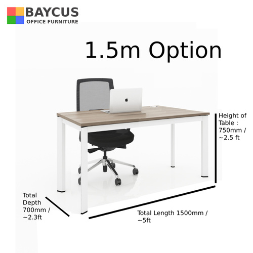 B-One 1.5m Single Open Workstation Col Teak White Frame with Dimensions