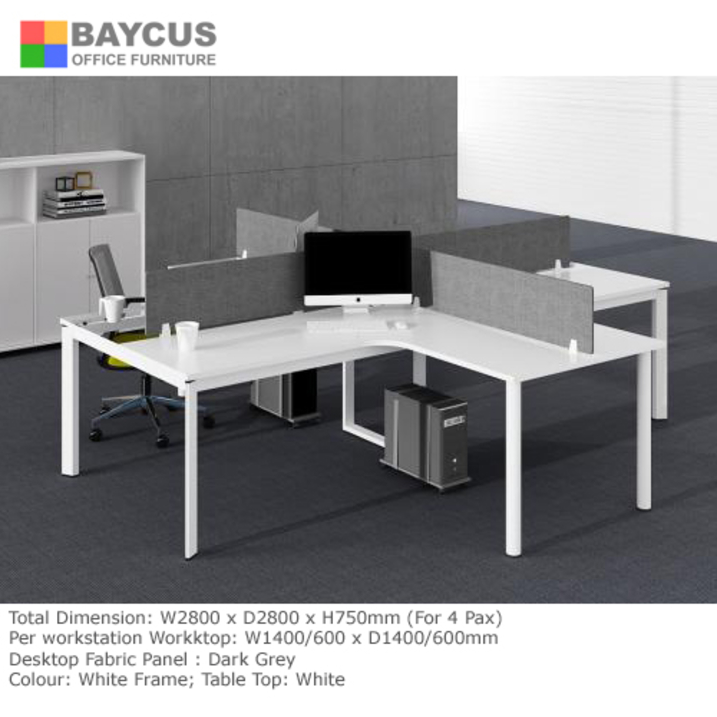 B-One 1.4m L-Shaped Open Concept Workstation White for 4 Person