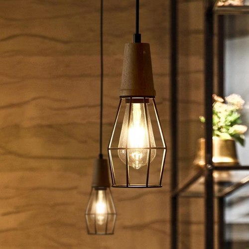 Slim Cage with Wood Top Pendant Light