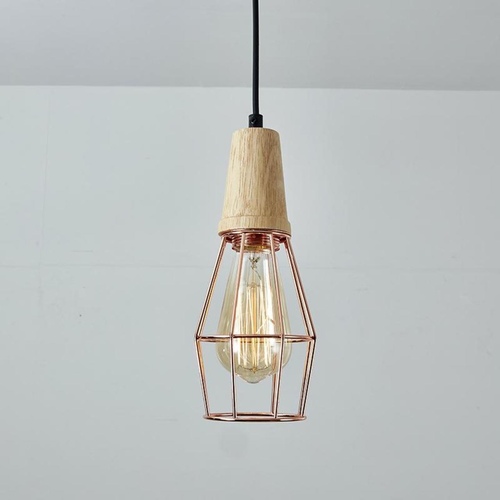 Slim Cage with Wood Top Pendant Light