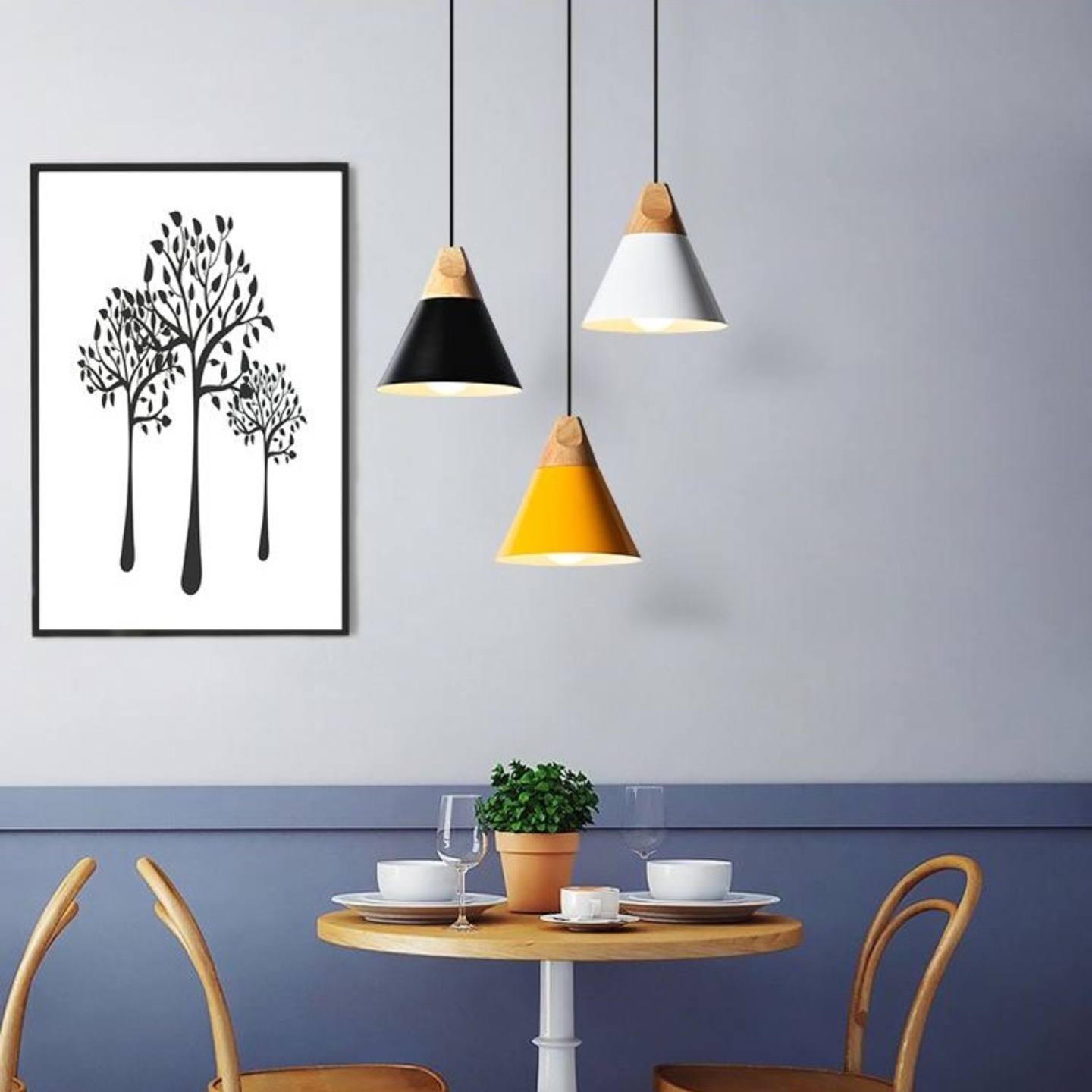 Cone with Wood Top Pendant Light