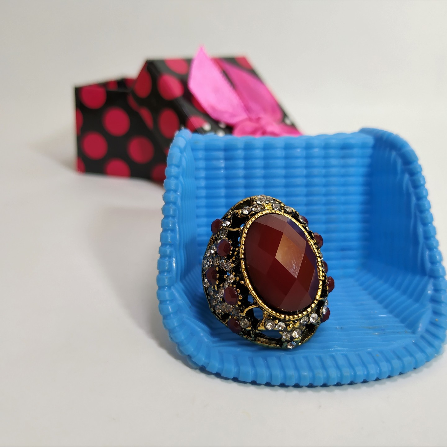 Fancy Victoria Ring. Artificial diamond stones and Red stone with zirconia work / Gold-plated brass/alloy ring for Girls and Boys.