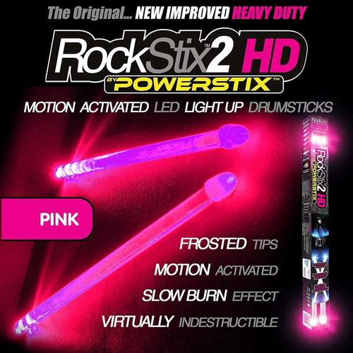 ROCKSTIX 2 HD HOT PINK, BRIGHT LED LIGHT UP DRUMSTICKS, with fade effect, Set your gig on fire PINK ROCKSTIX