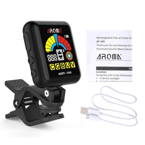 Aroma AMT-100 2 in 1 Rechargeable Rotatable Clip-on Electronic Tuner Metronome Color Screen with Built-in Battery USB Cable