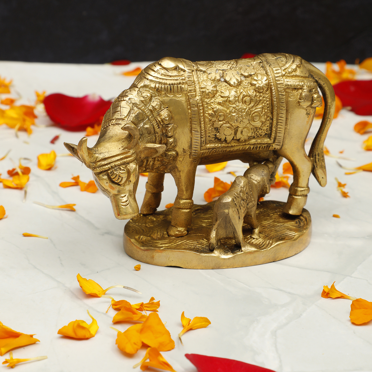 Handcrafted Brass Cow and Calf Statue – Kamdhenu Figurine for Home Decor & Puja