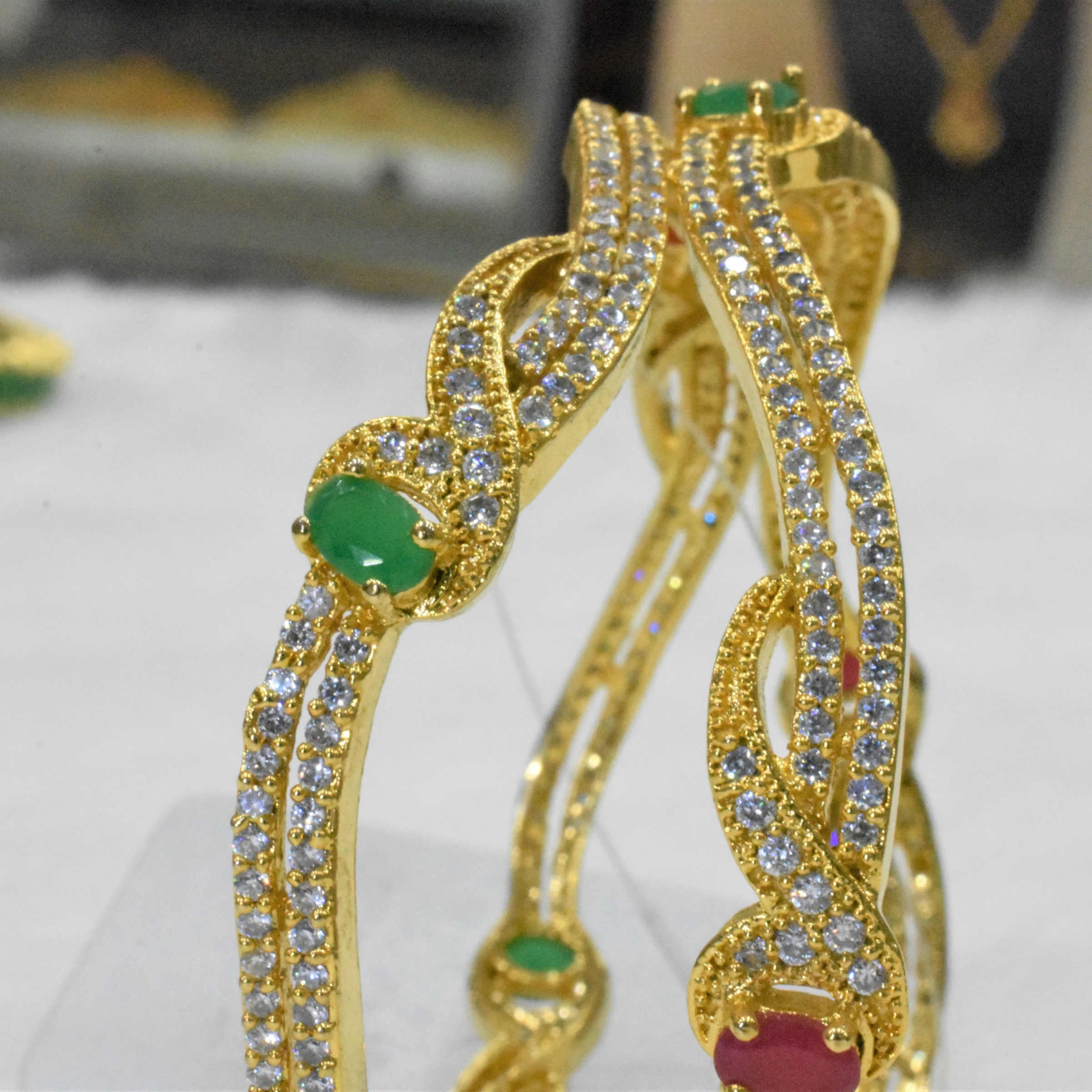 CZ Bangles (2No) White, Emerald Green , Ruby Red stones Size 2-6