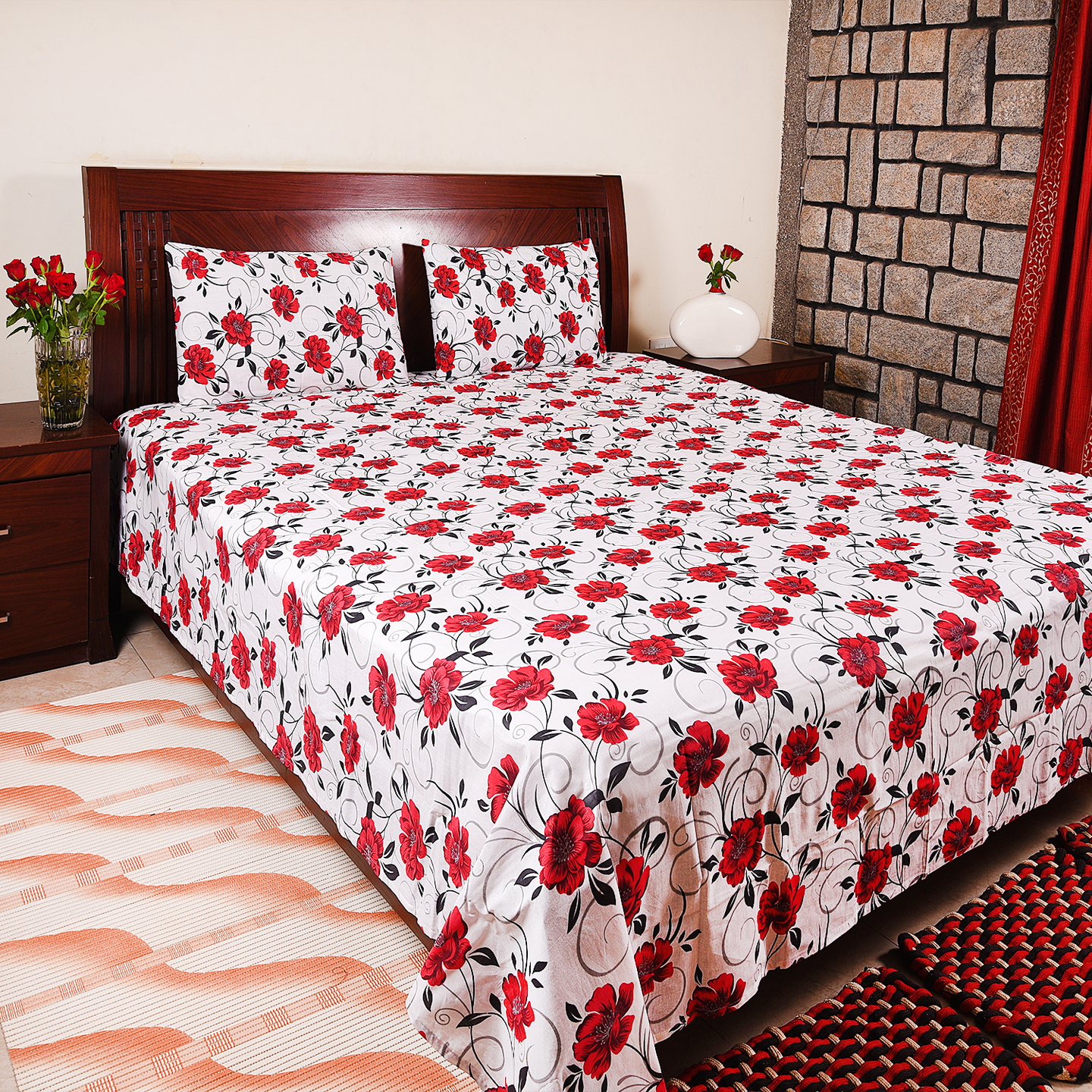 B-Sheets | Bed of Roses Collection | 100% Cotton Double Queen Size Bed Sheets with 2 nos Pillow Covers | Big Red Flowers Style 4