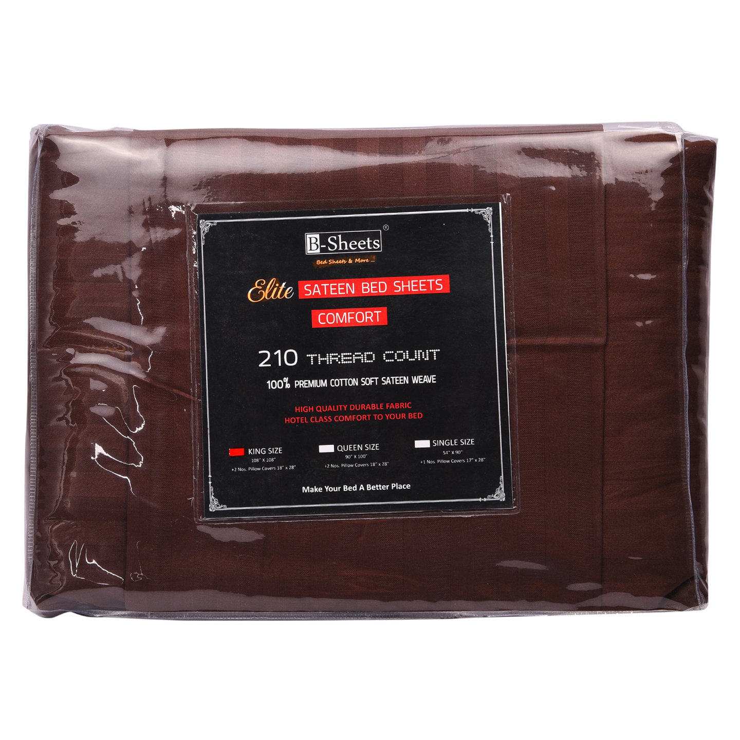 B-Sheets 210 TC Cotton Soft Sateen King Size Double Bed Sheet with 2 Pillow Covers Coffee Brown