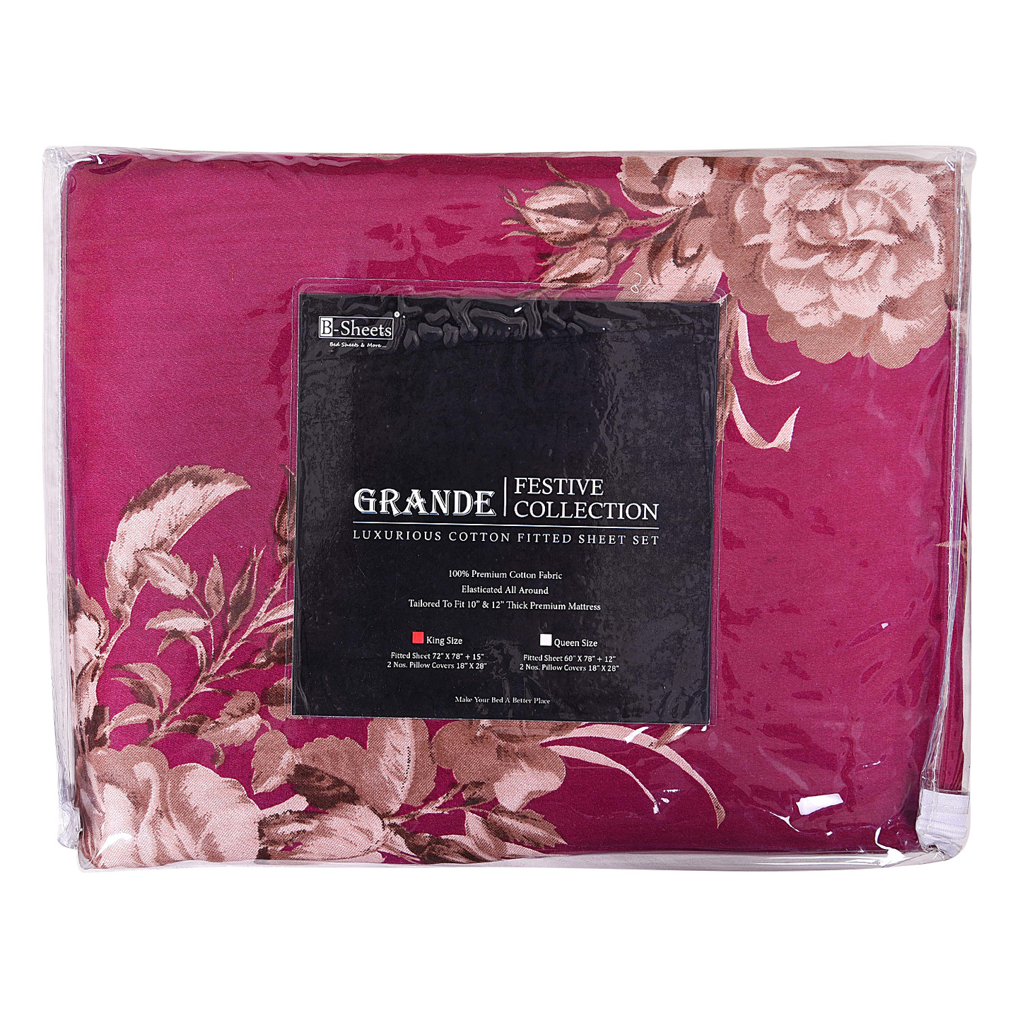 B-Sheets| Grand Festive Luxury Bed Linen Collection |100% Cotton Majestic Golden Floral Design Queen Size Fitted Sheet Set| Purple Plum Wine