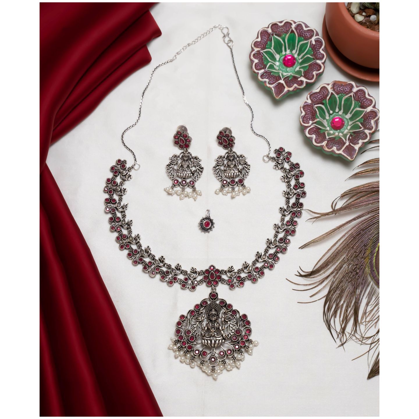 Red Stone Peacock Lakshmi Long Hara Set
