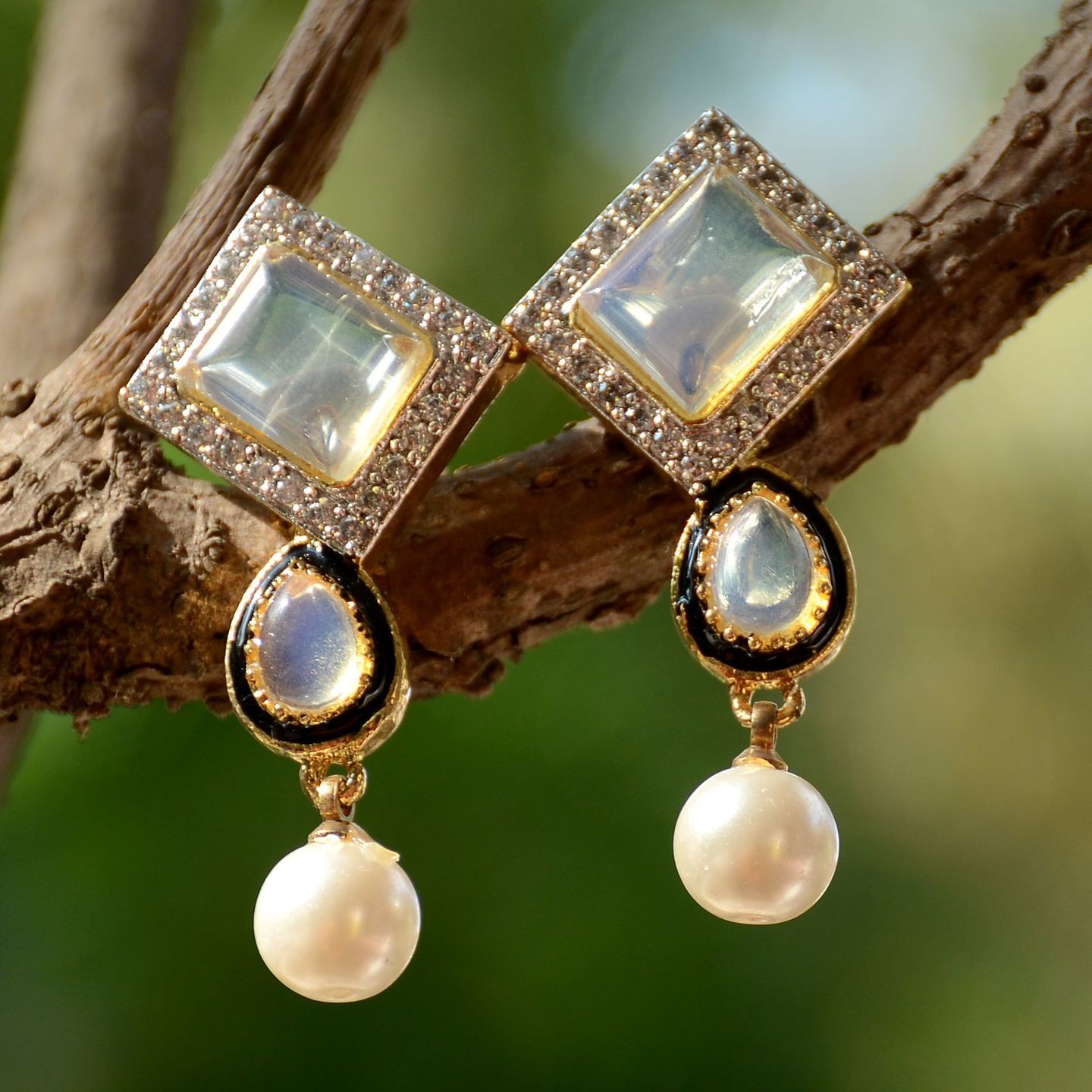Moon stone Square AD Pearl Drop