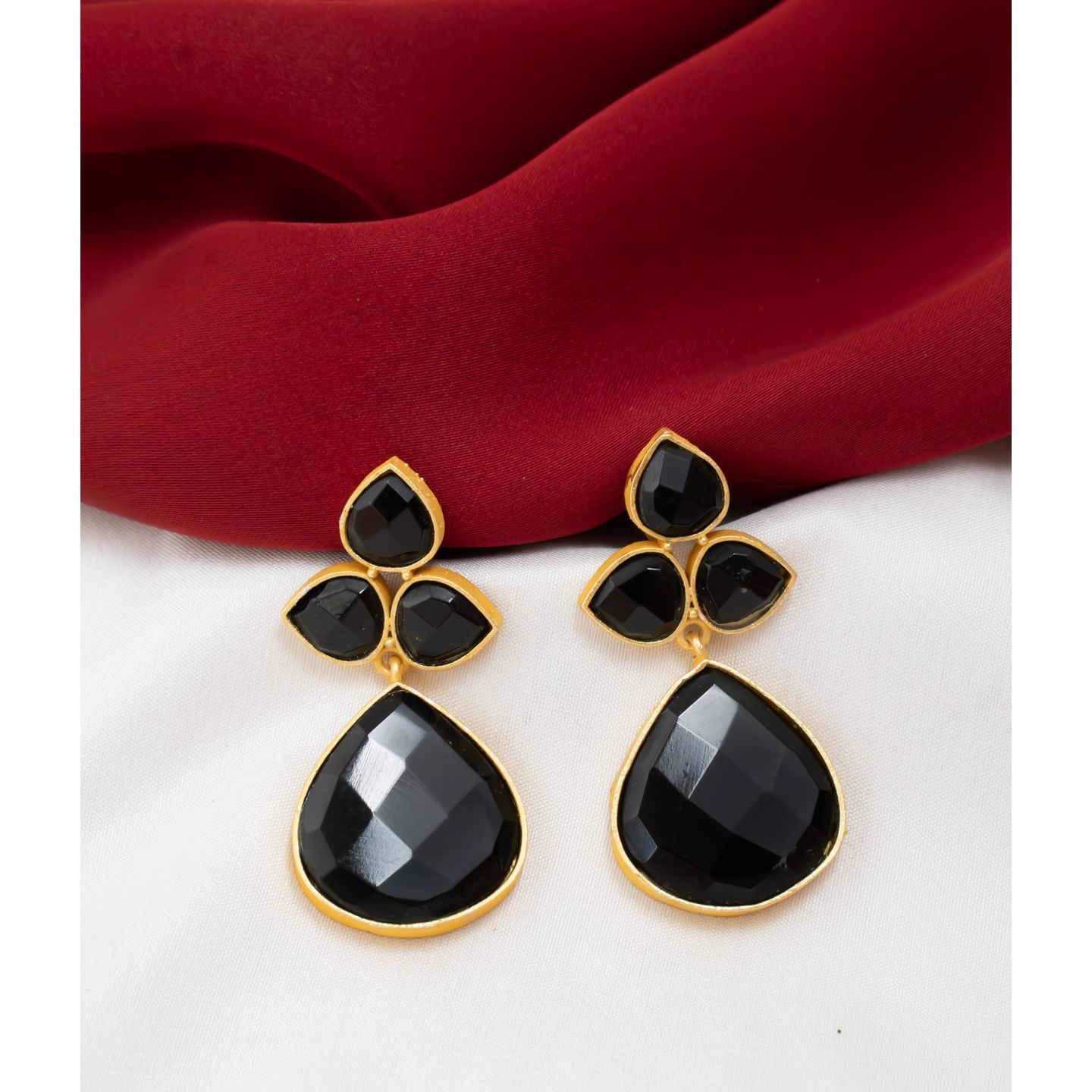 Black Three Leaf Stone Drop Danglers