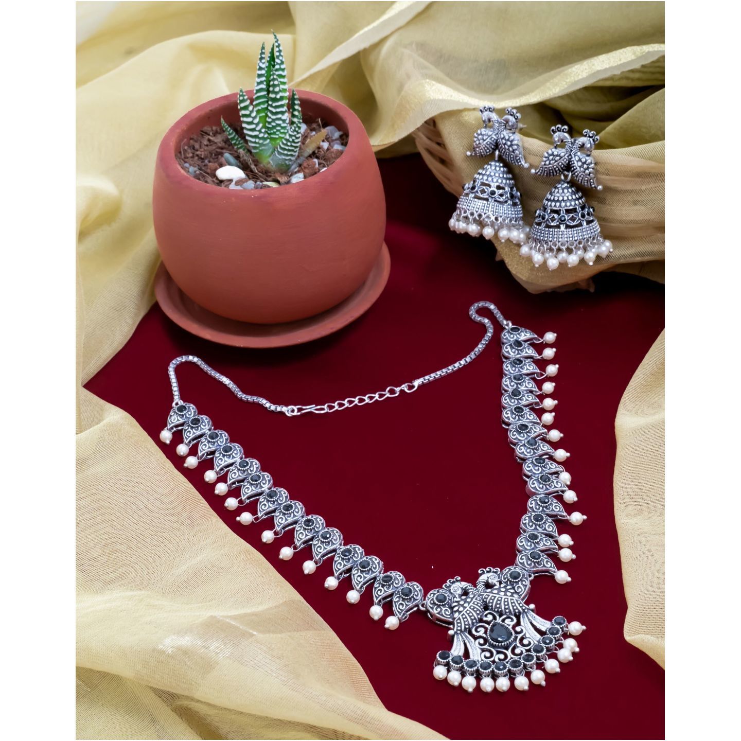 Black Peacock Leaf shaped Neckpiece & Jhumka Earring Set