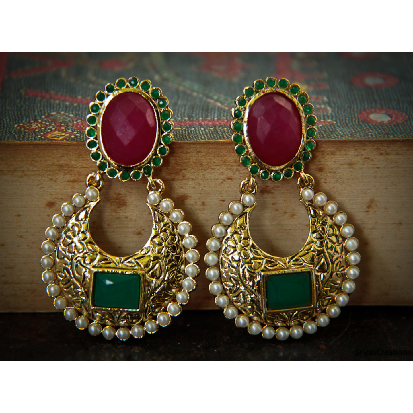 Pink Green Oval Top Danglers