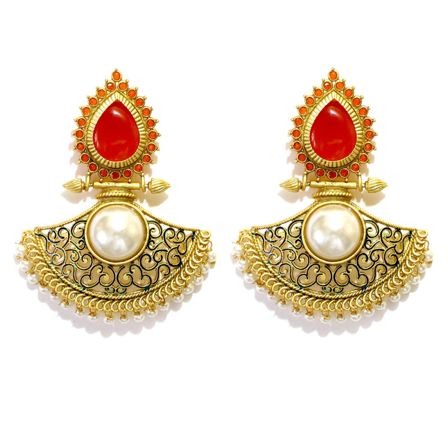 Fan Drop Enamel Filigree  Earrings - Orange