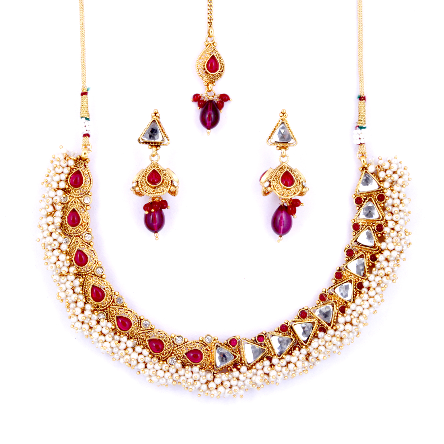 Red Stone  Pearl Necklace  Earring