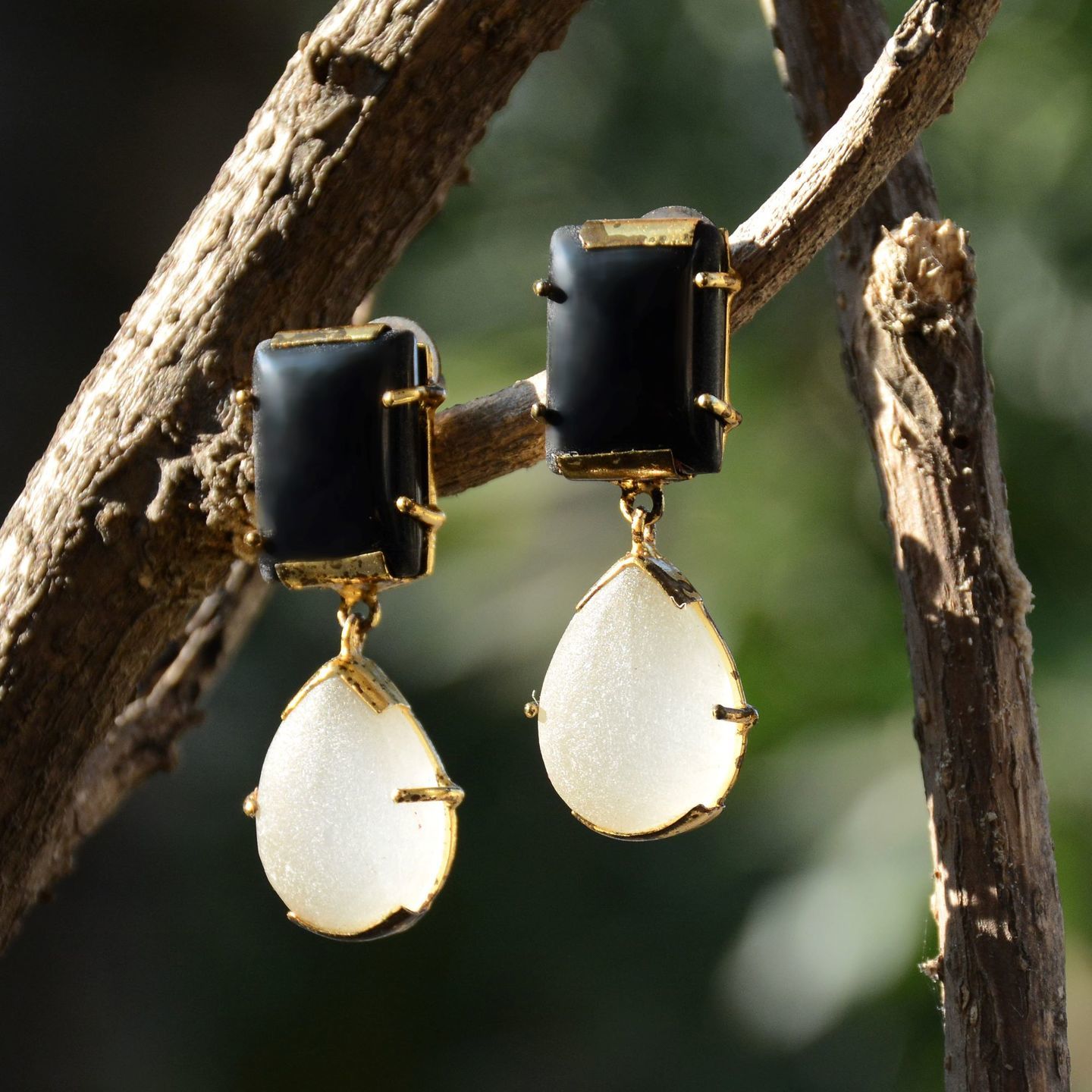 Black Rectangular White Druzy Drop 