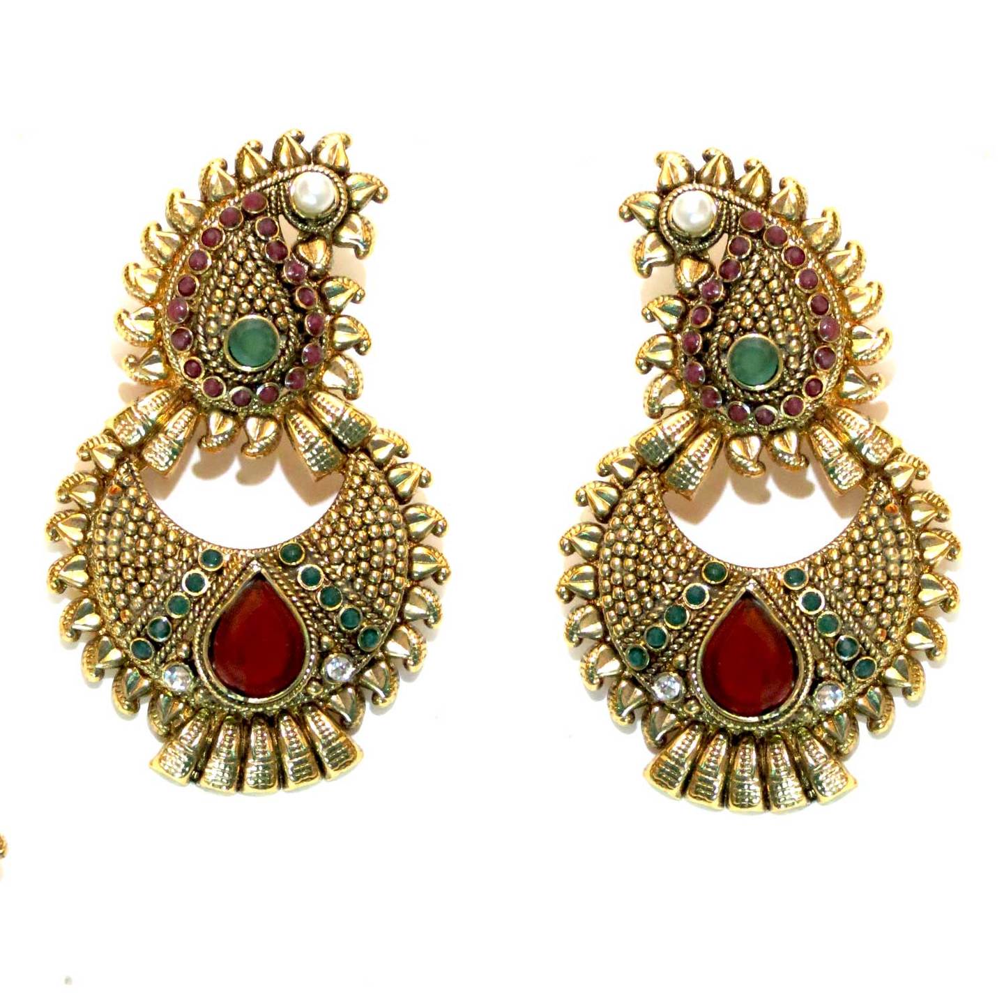 Paisley Stud Crescent Drop Earrings - Red & Green