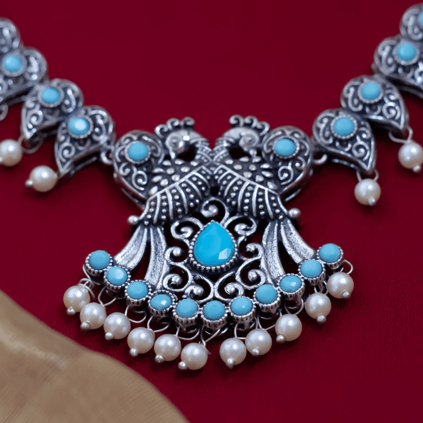 Turquoise Peacock Leaf shaped Neckpiece & Jhumka Earring Set
