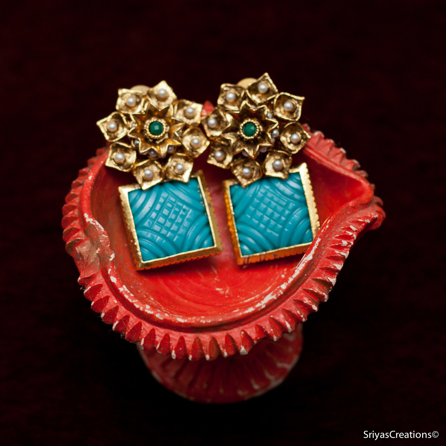 Pearl Floral Turquoise Square Earrings