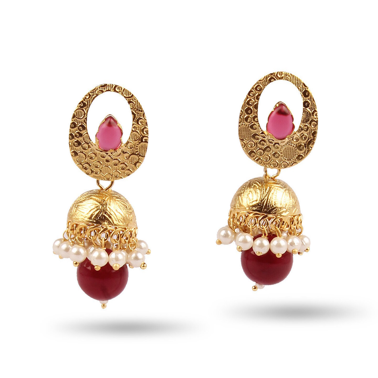 Maroon Stone & Pearl Gold Jumkas
