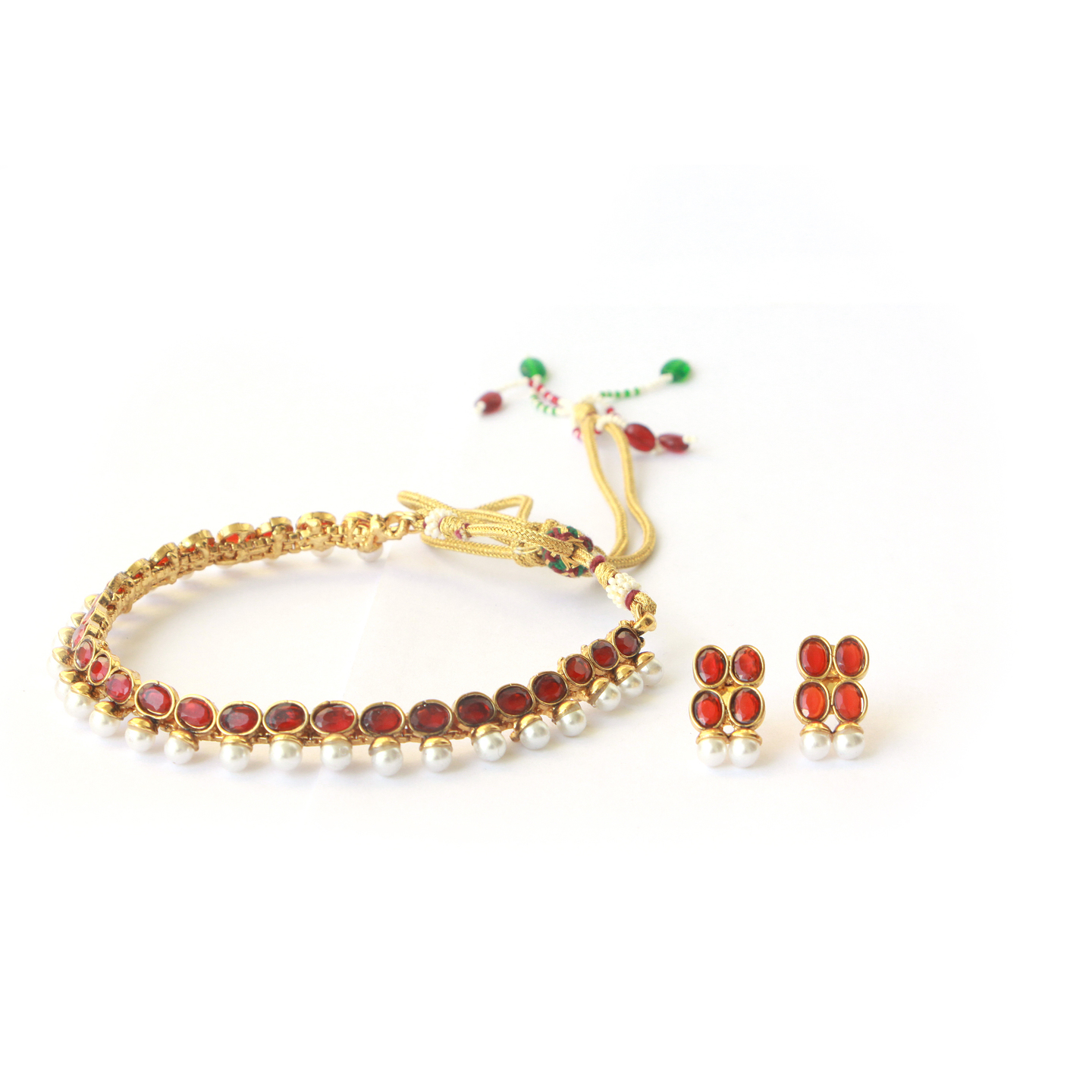 Red Oval Stone Pearl Necklace Set