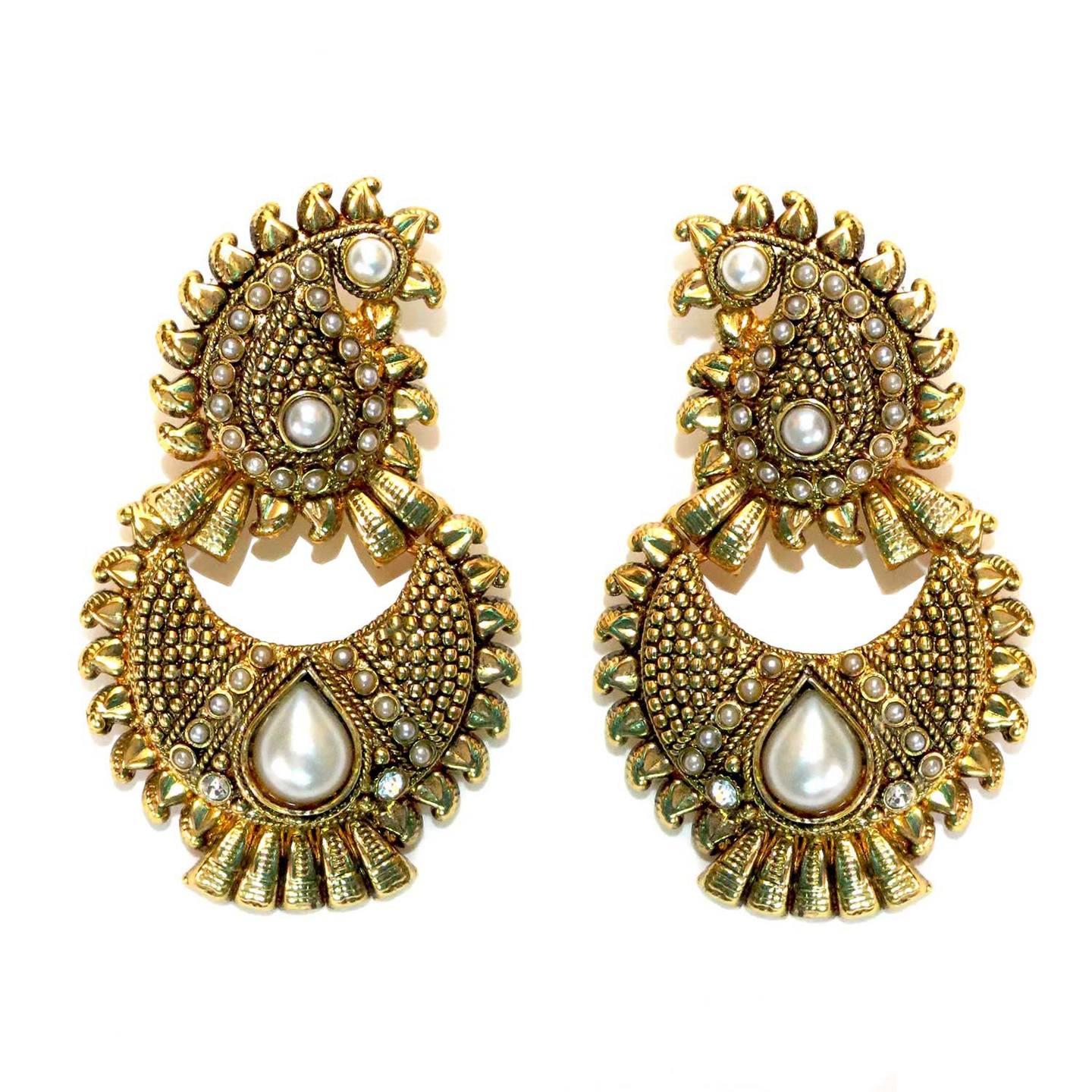 Paisley Stud Crescent Drop Earrings - Pearl