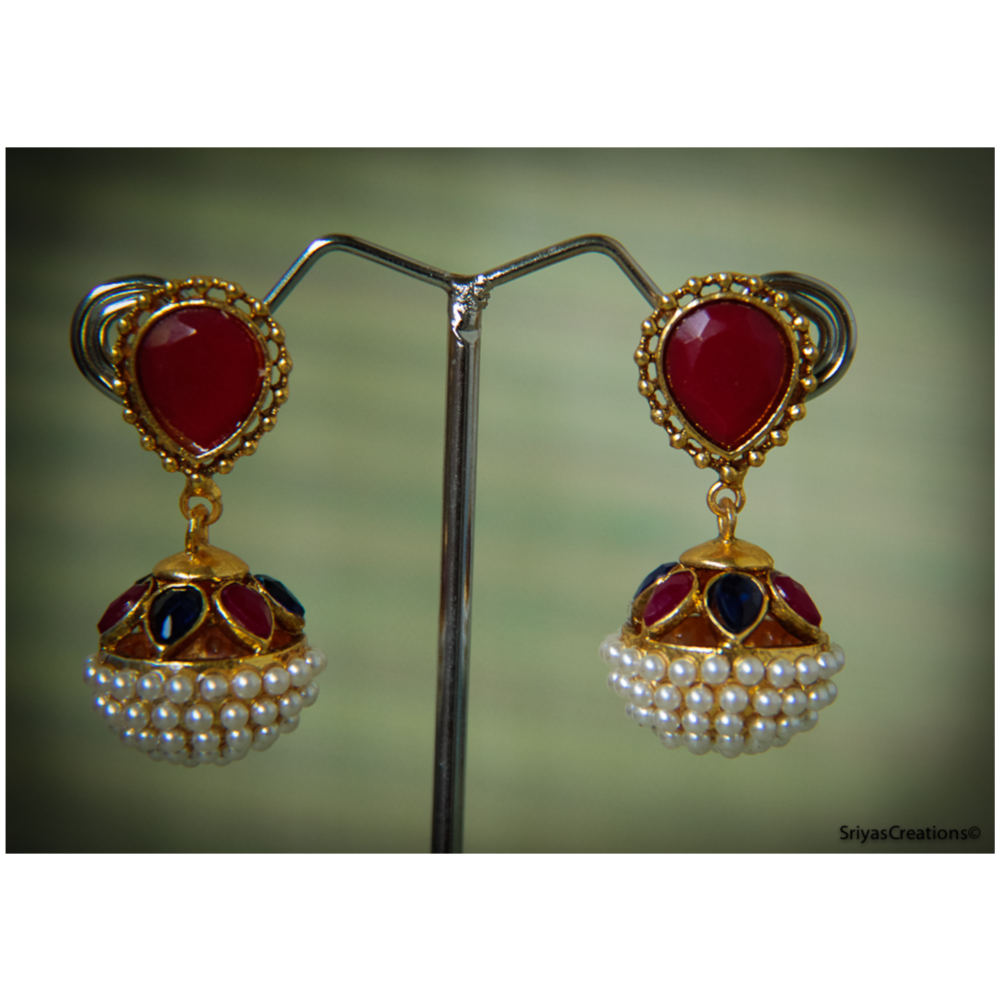 Red Blue Pearl Drop Round Danglers