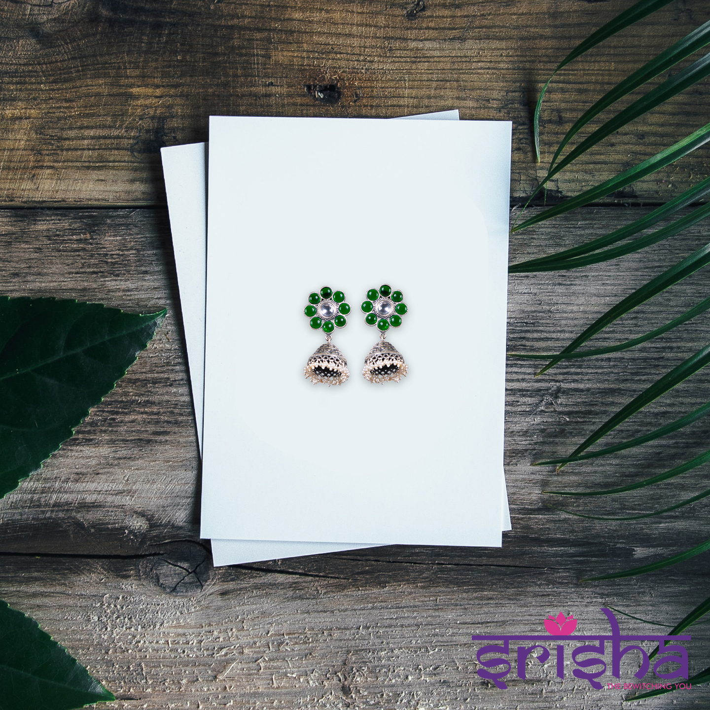 Green Floral Silver Jhumka