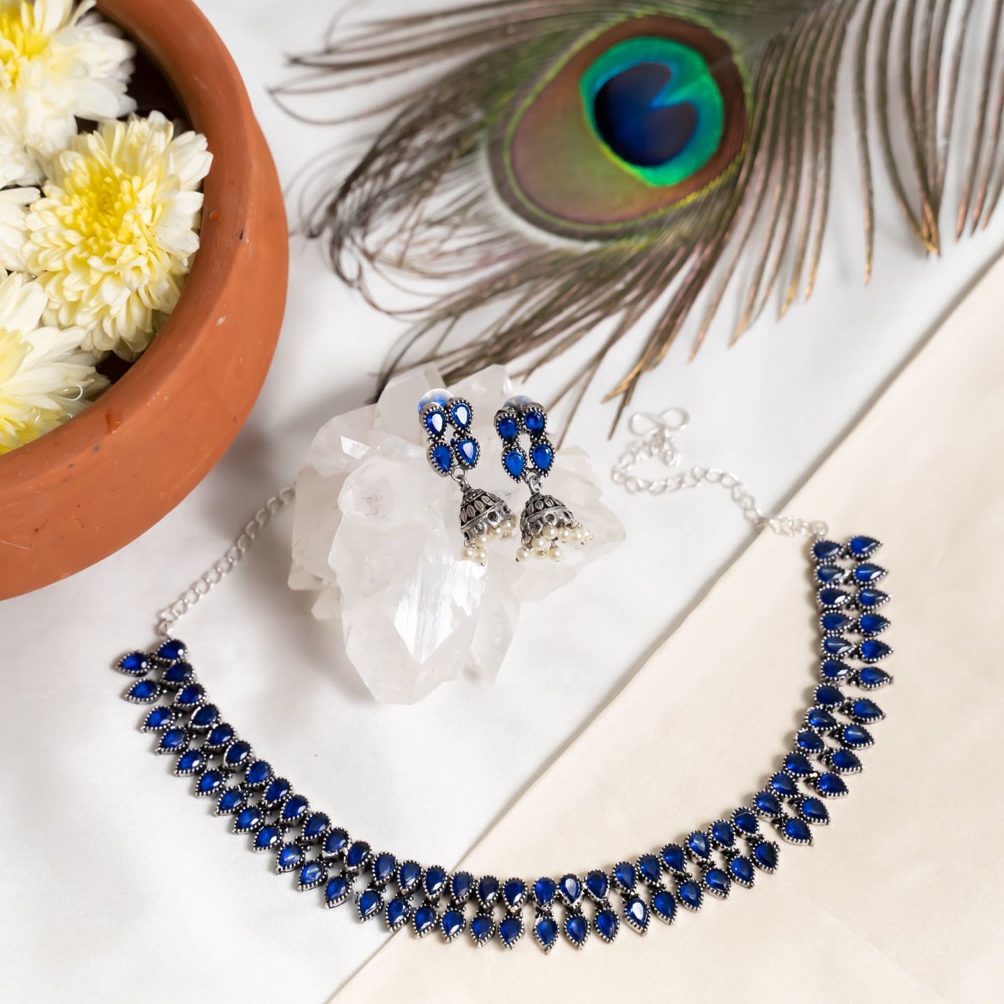 Blue Drop Stone Two Layer Silver Tone Necklace Set