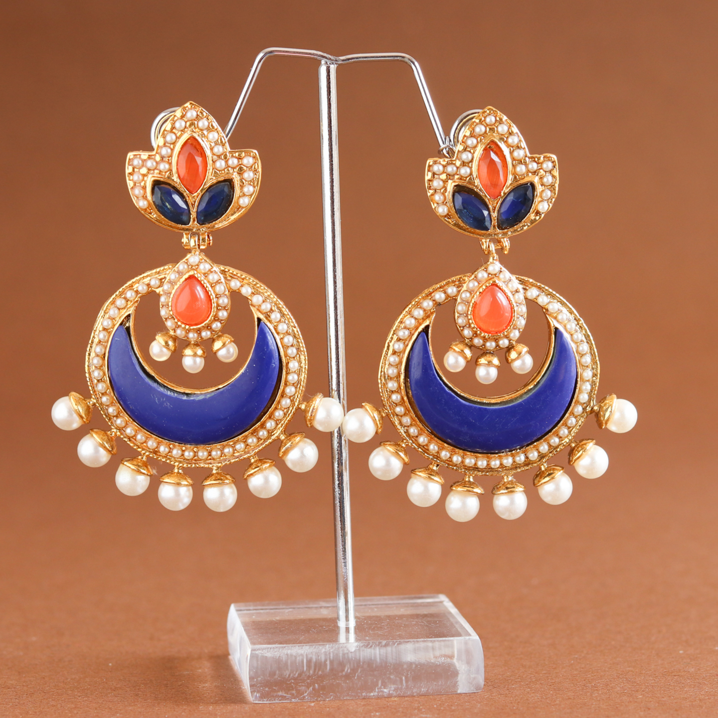 Blue Orange Floral Chandbali Dangler Earllings