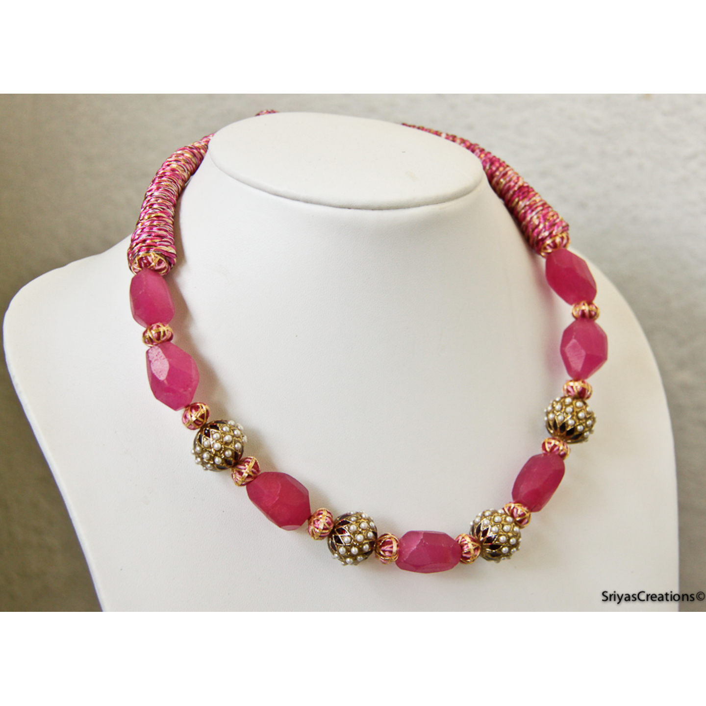 Pink Stone & Red Enamel Pearl Thread Necklace