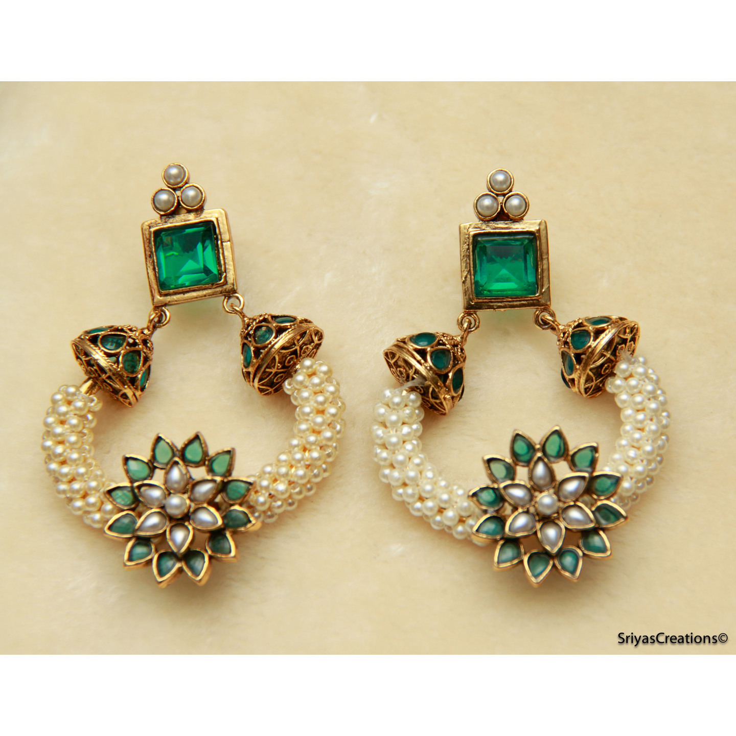 Green Pearl floral Round Square Earrings