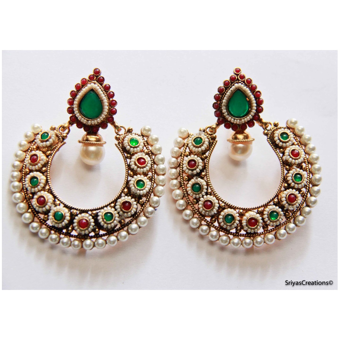 Green Red Drop Round Stone & Pearl studded Chand Bali Earrings