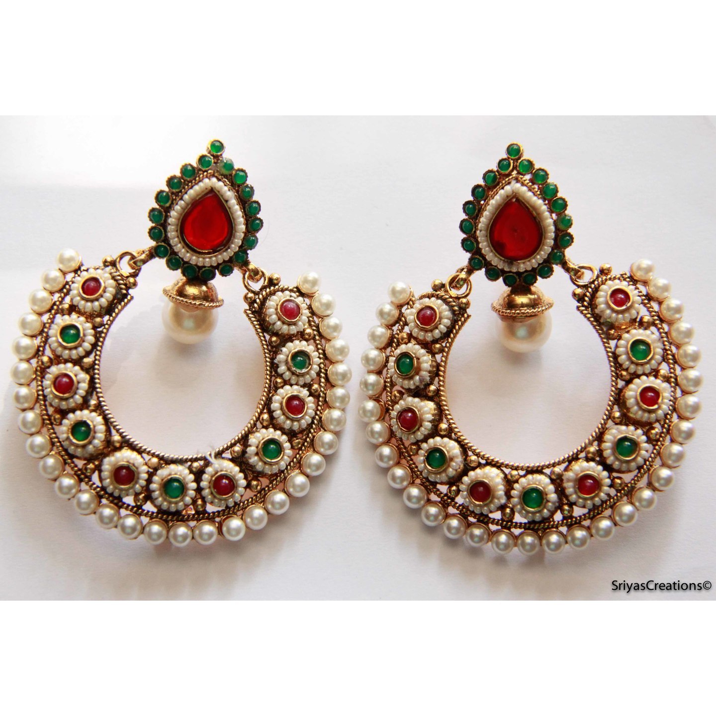 Red Green Drop Round Stone & Pearl studded Chand Bali Earrings
