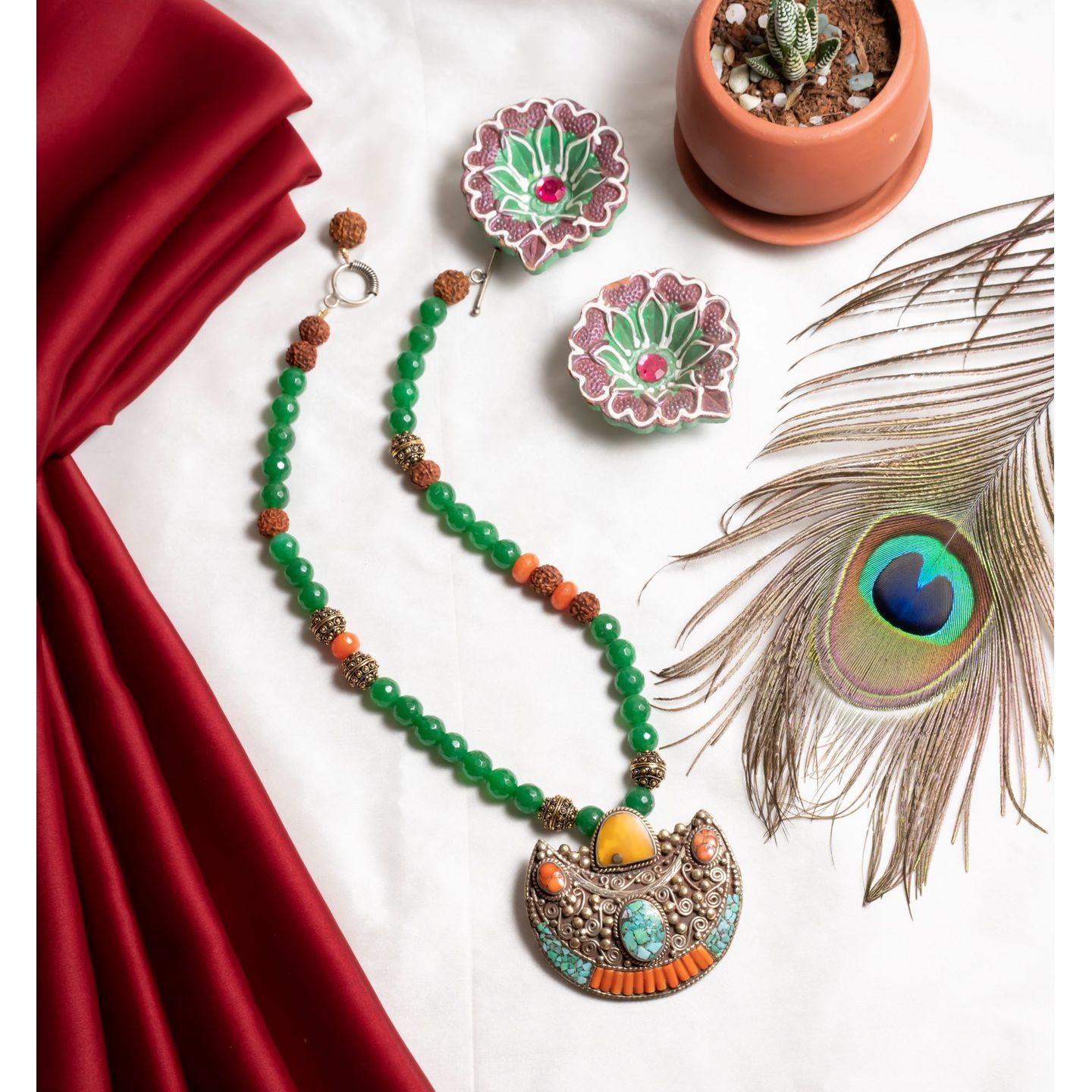 Turquoise Green Orange Silver Tone Handmade Necklace
