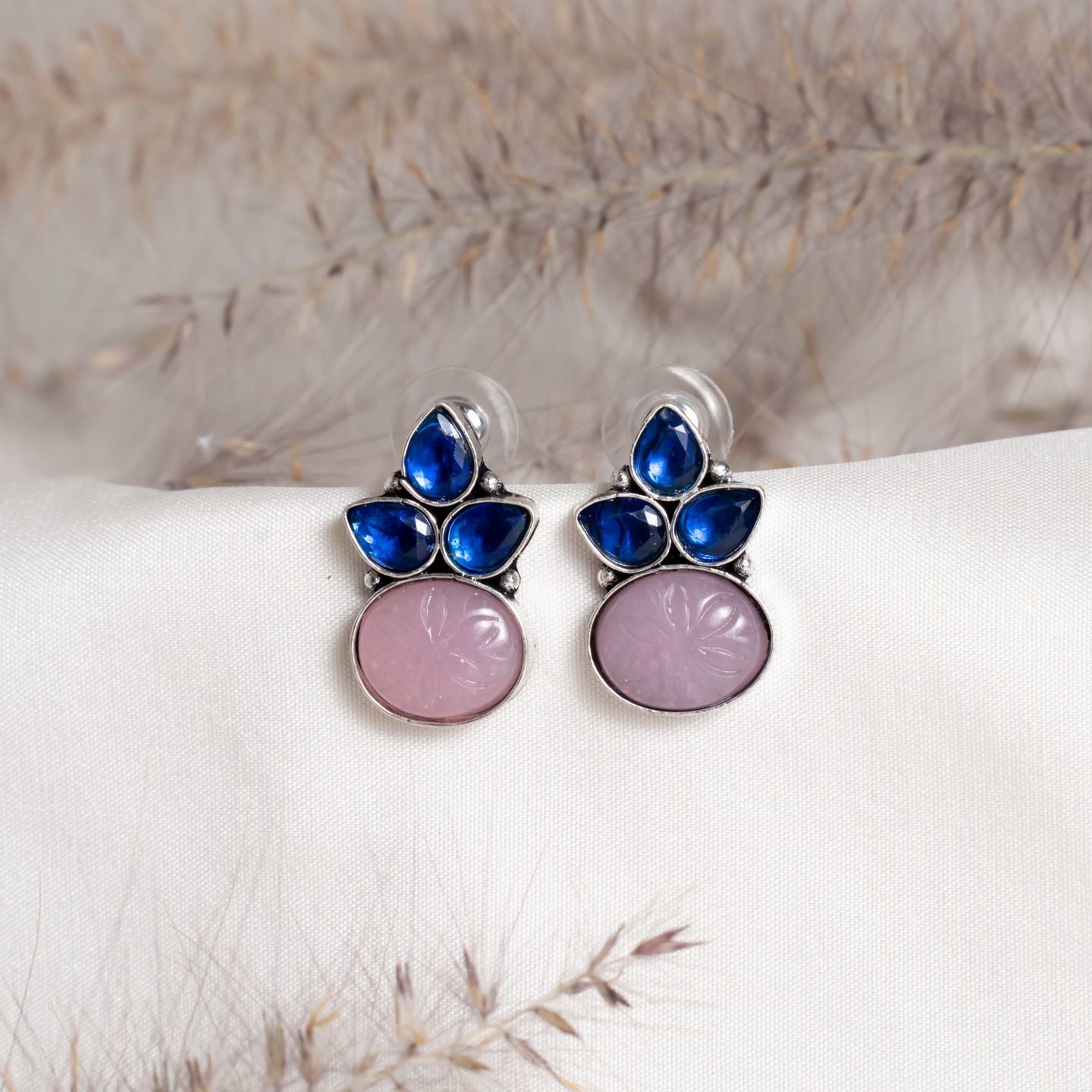 Pink Round & Blue Leaf shaped Stud