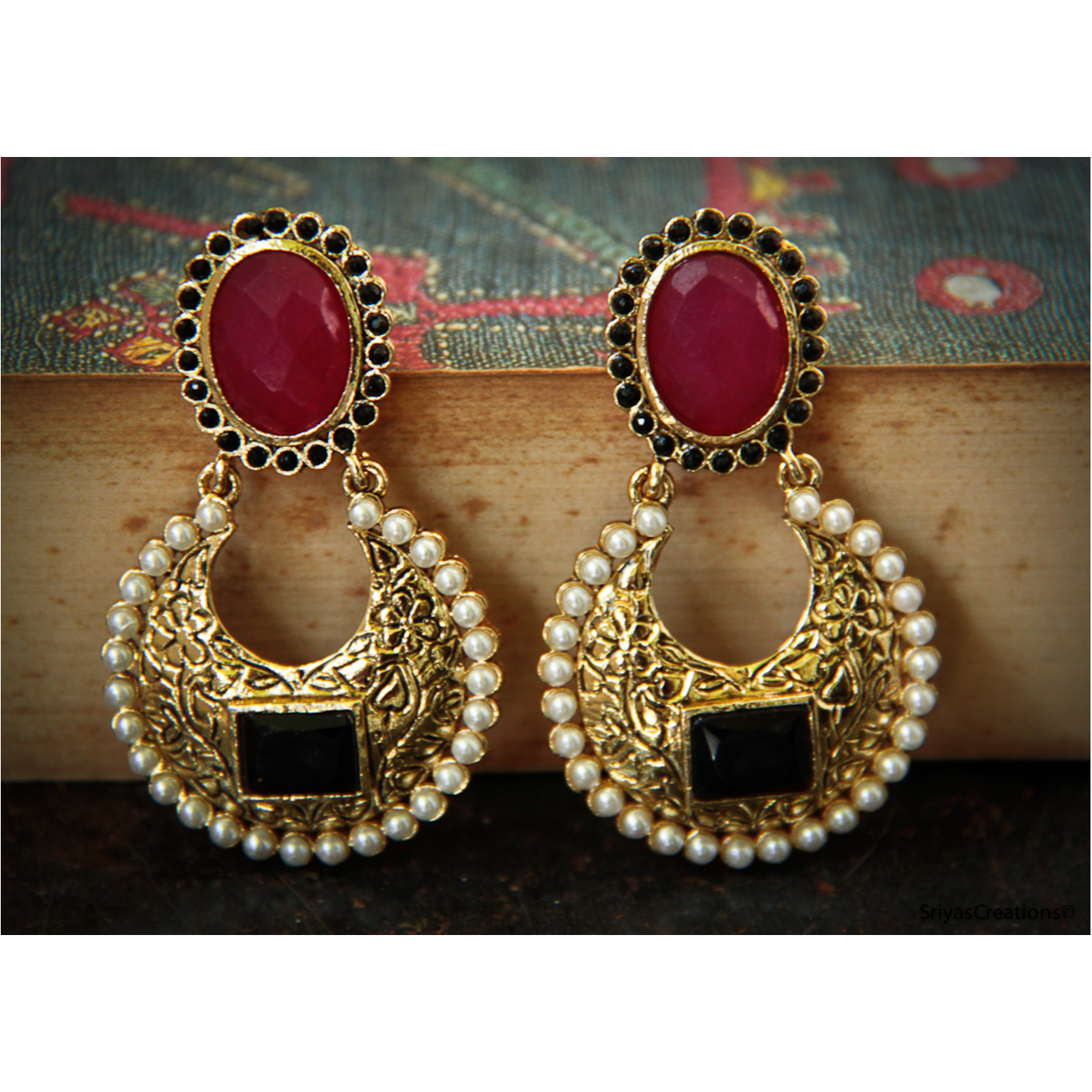 Pink Black Oval Top Danglers