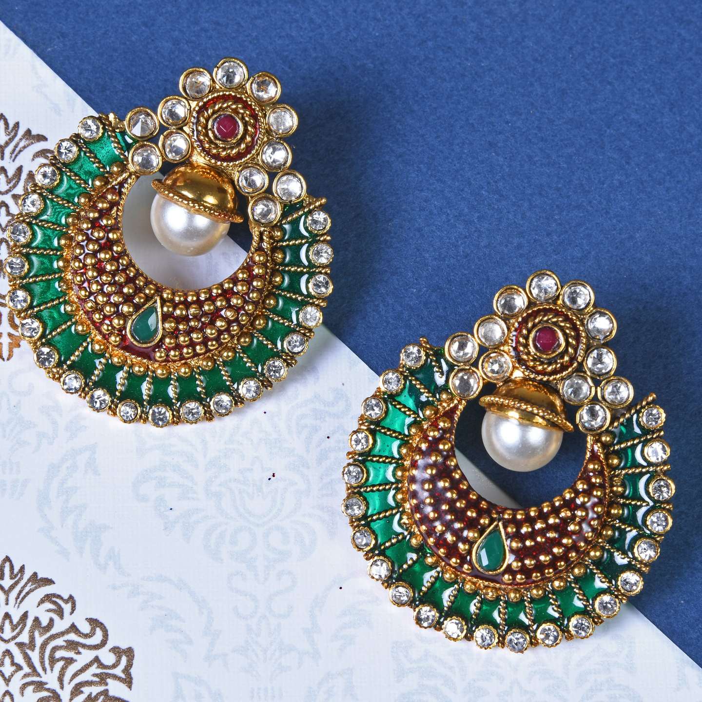 Green Polki Moon Shaped Earrings