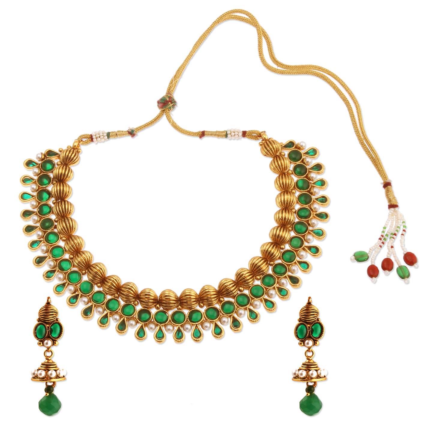 Green & Gold Layered Necklace & Jumka