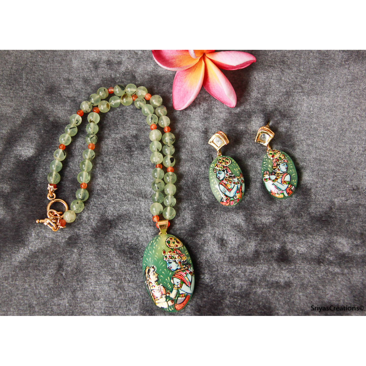 Green Apple Painted Krishna Necklace Set