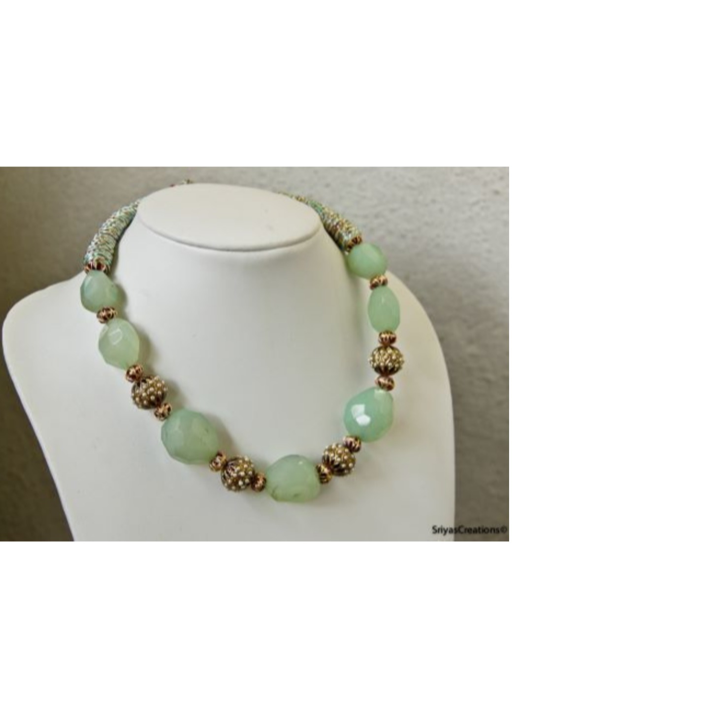 Sea Green Red Bead Pearl Enamel Thread Necklace