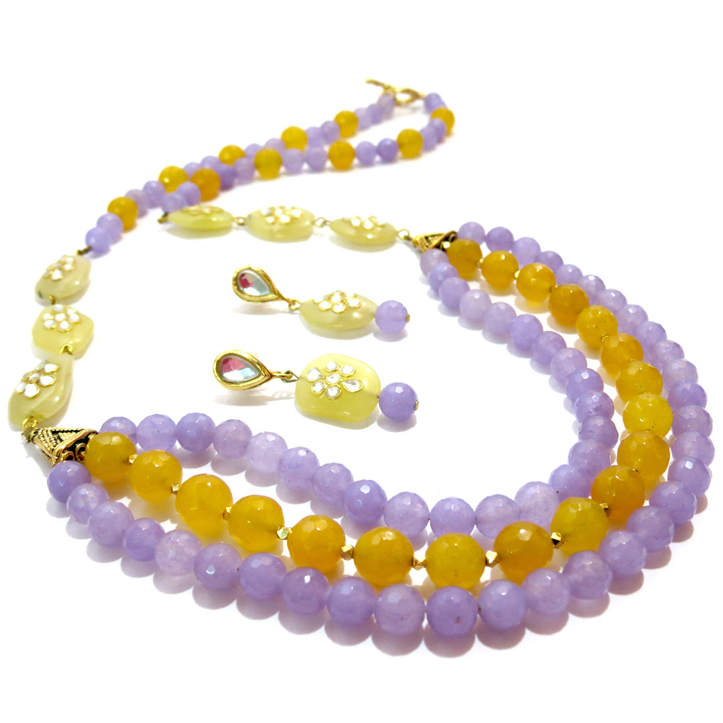 Lilac  Yellow Agate  Kundan Necklace  Earring