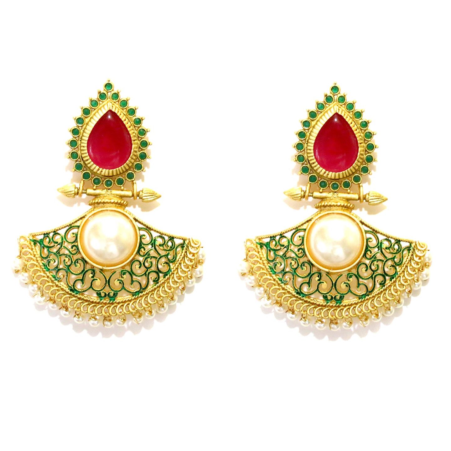 Fan Drop Enamel Filigree  Earrings - Pink & Green