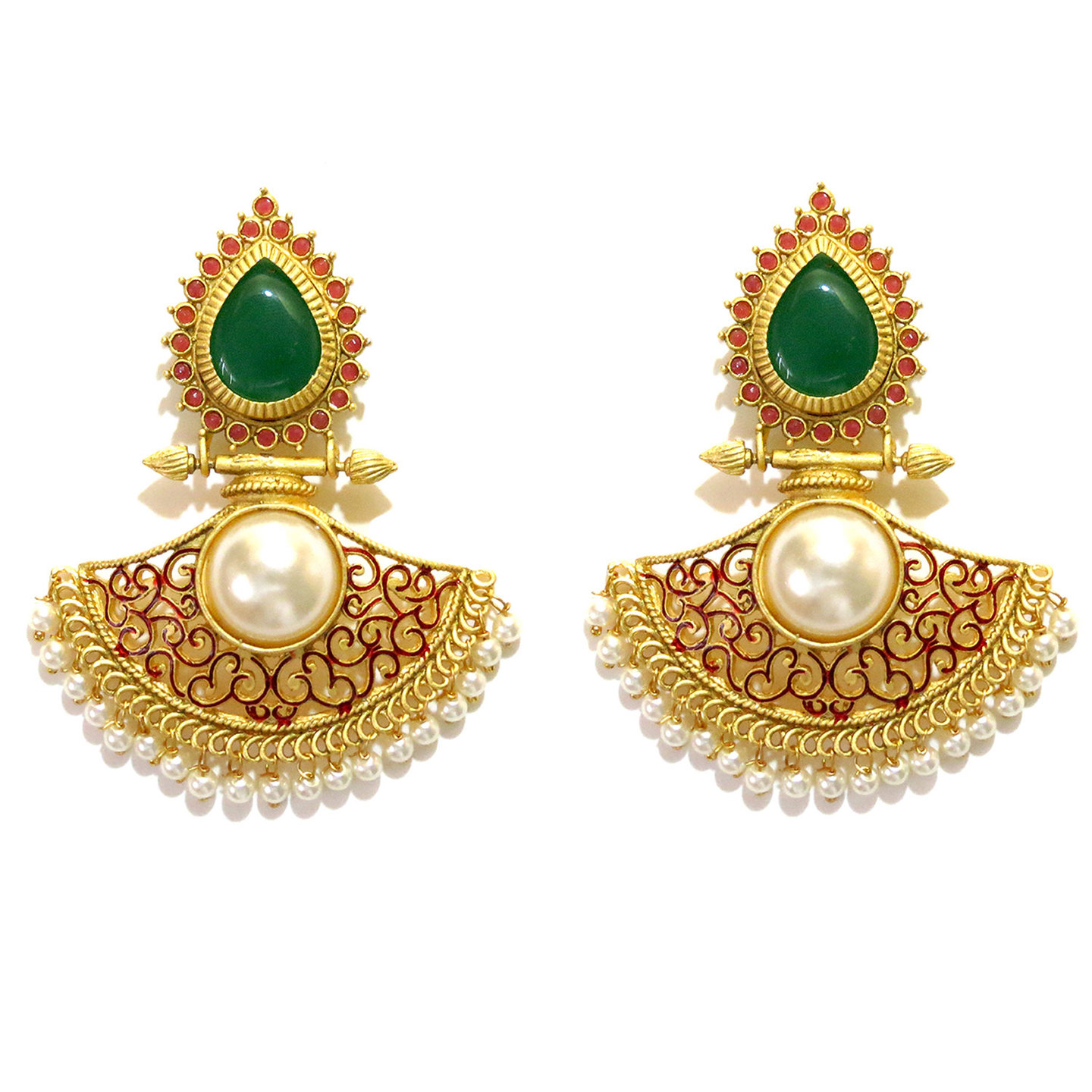 Fan Drop Enamel Filigree  Earrings - Green & Pink