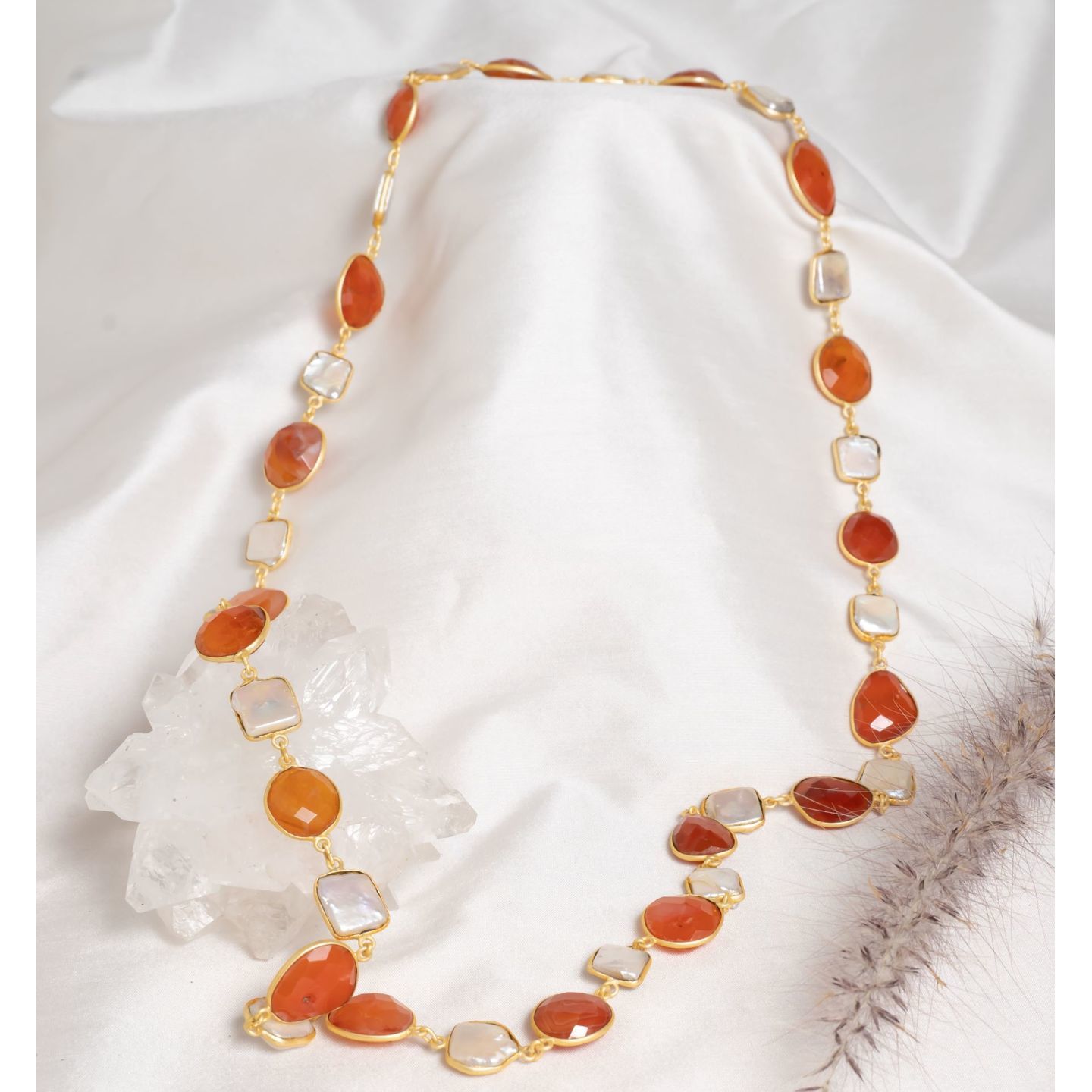Mother Of Pearl & Orange Long Gold Tone Necklace