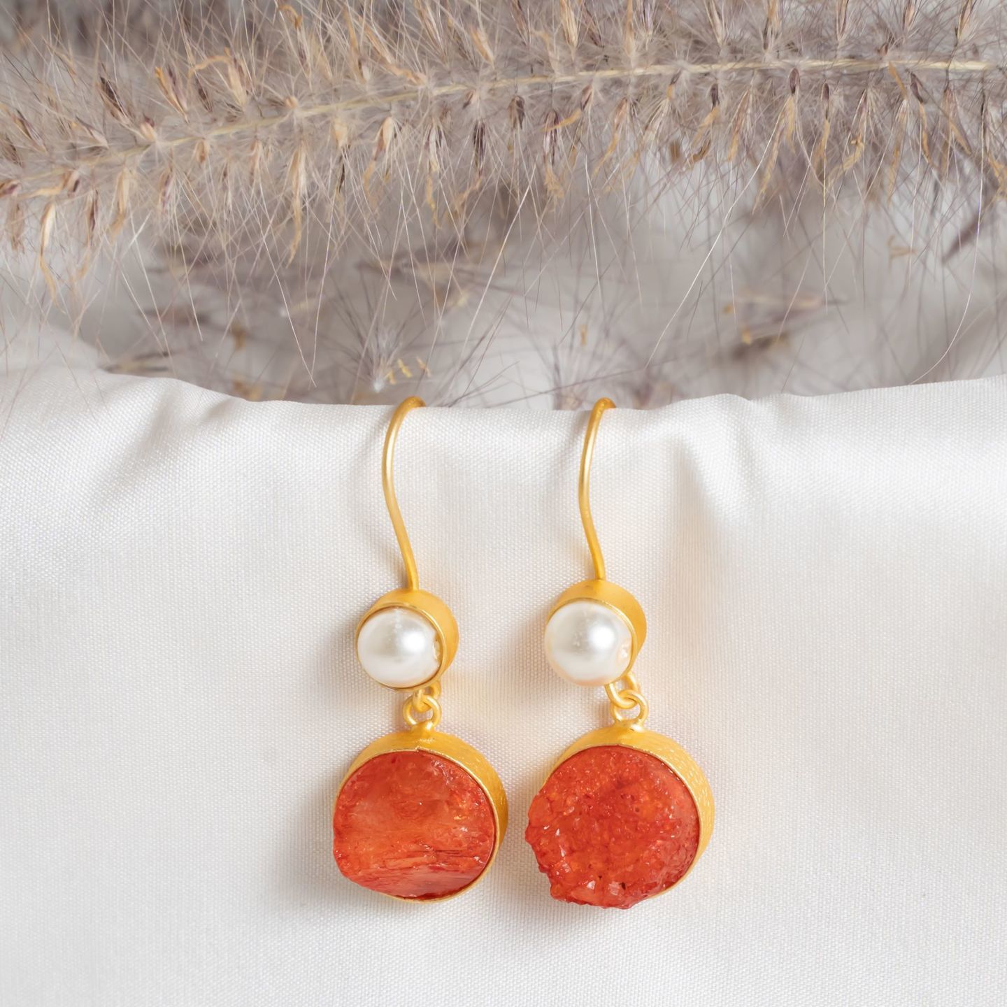 Orange Stone Pearl Round Danglers