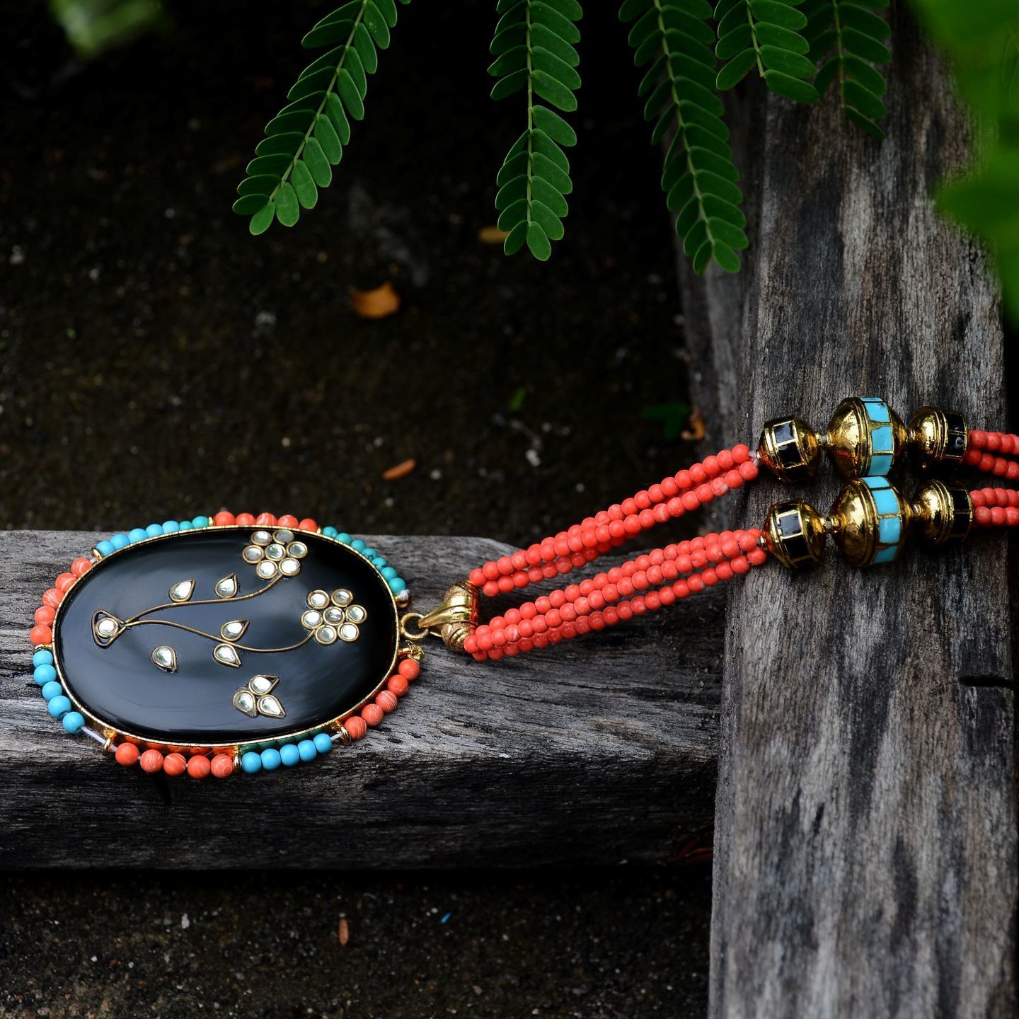 Black Kundan Floral design pendant Orange Turquoise Blue Layered Necklace