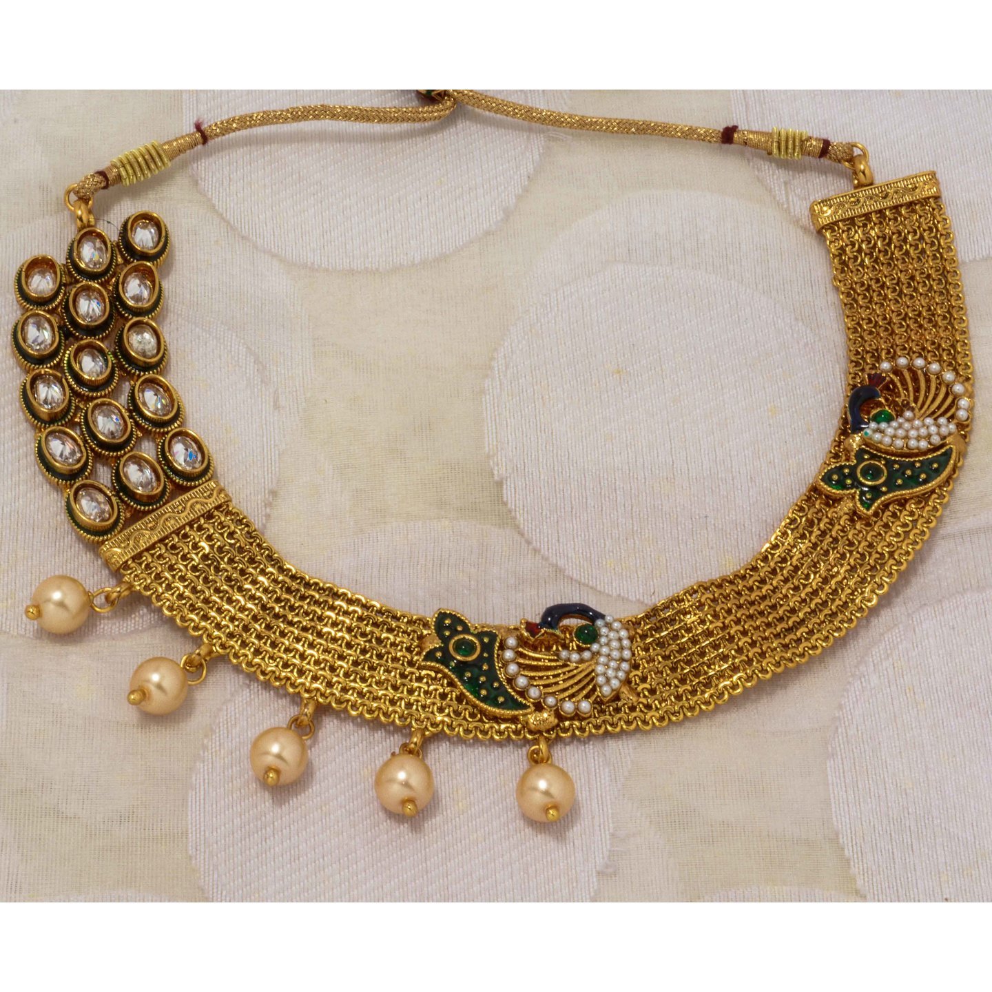 Green Enamel Peacock Kundan Multi Layer Choker Necklace